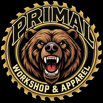 Primal Workshop & Apparel logo: a roaring grizzly inside a gold saw blade