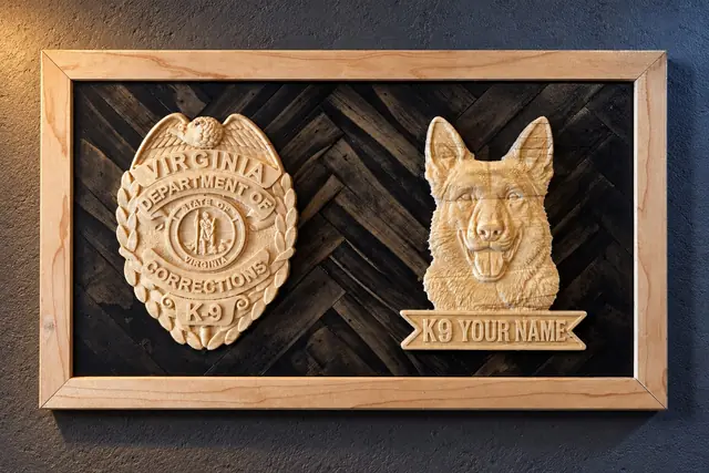 K9 unit badge plaque (design example): Agency badge and K9 head in relief on a dark field with a nameplate. Your name, unit and dates go where the placeholders are.